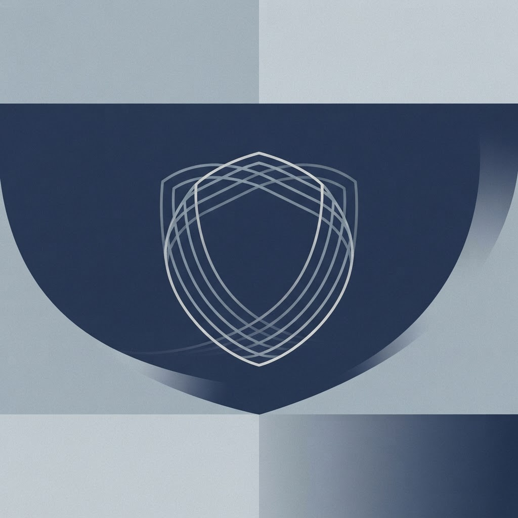 Composição gráfica abstrata em tons de azul representando proteção e amparo